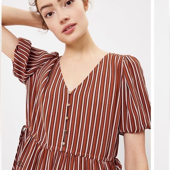 Loft striped dress with side ties boho Women’s size 4 V-neck - Picture 2 of 16